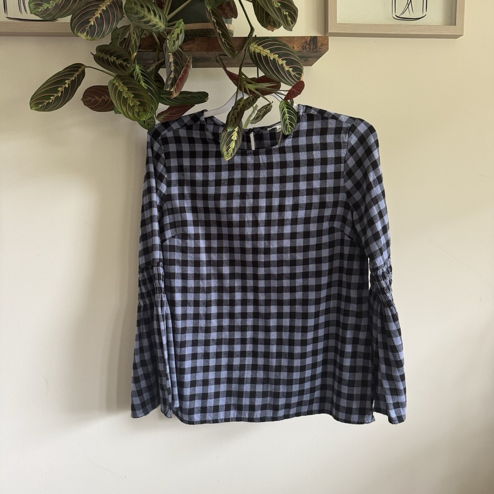 Beachlunchlounge Blue Black Buffalo Check Gingham Smocked Bell Sleeve Top Size S